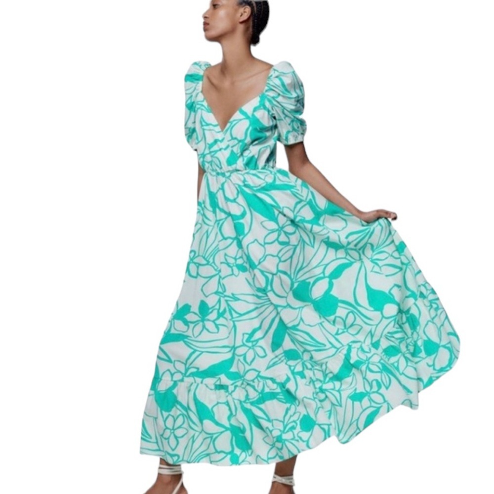 Zara White and Teal Floral Maxi Dress